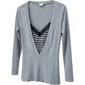 Jus D'Orange Paris Metallic Silver Grey V-Neck Top Houndstooth Lace Trim L